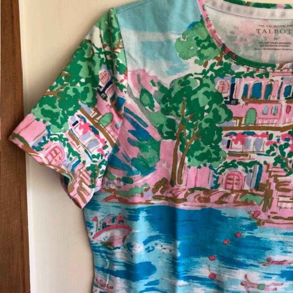 TALBOTS Scenic Mediterranean Tee Short Sleeve Crewneck Blue Pink - Picture 6 of 16